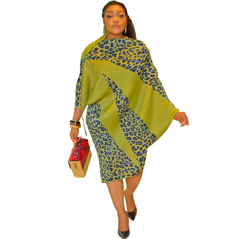 Long sleeve leopard colour-block midi dress shown on a model