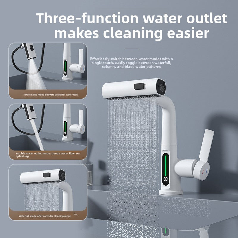 White pull out basin mixer with a single lever for hot and cold water control