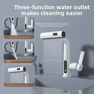 White pull out basin mixer with a single lever for hot and cold water control
