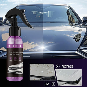 Purple 3 in 1 coating spray beside a bonnet shown half soiled and half glossy after use