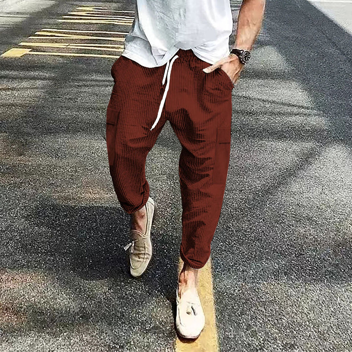 Russet reddish brown ribbed corduroy pants with drawstring waist and thigh pockets, photo used for the Russet L option