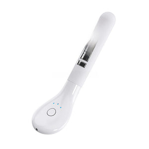 Angled view of the white cordless pelvic floor wand showing the teardrop handle and control button