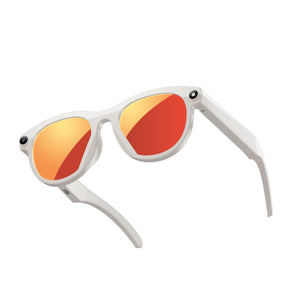 White smart glasses seen from behind showing the tinted lenses and the padded temple arms