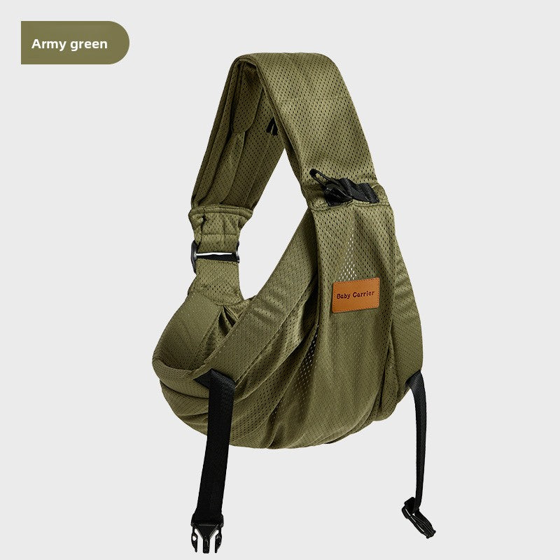 Detail of the stitching, buckle hardware and adjustment webbing on the sling
