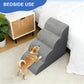 Corgi climbing gray foam pet stairs beside a bed and a wooden nightstand under a Bedside use banner
