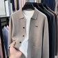 Taupe knit men's cardigan with turn-down collar and three buttons over a white tee, option size XL