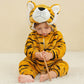 Baby in a striped tiger flannel romper with round tiger ears on the hood, size 100