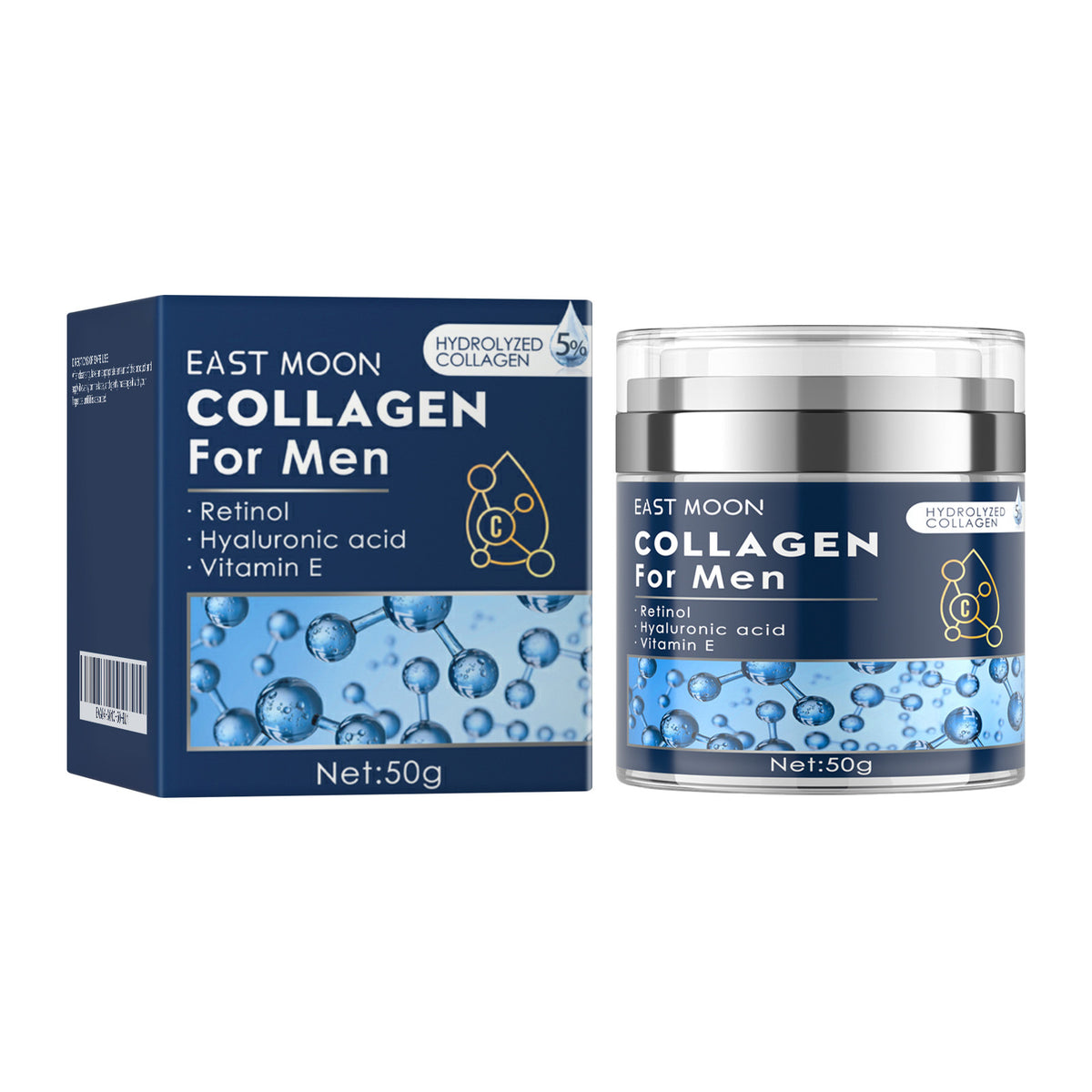 East Moon mens face cream jar and box listing collagen, retinol and vitamin E