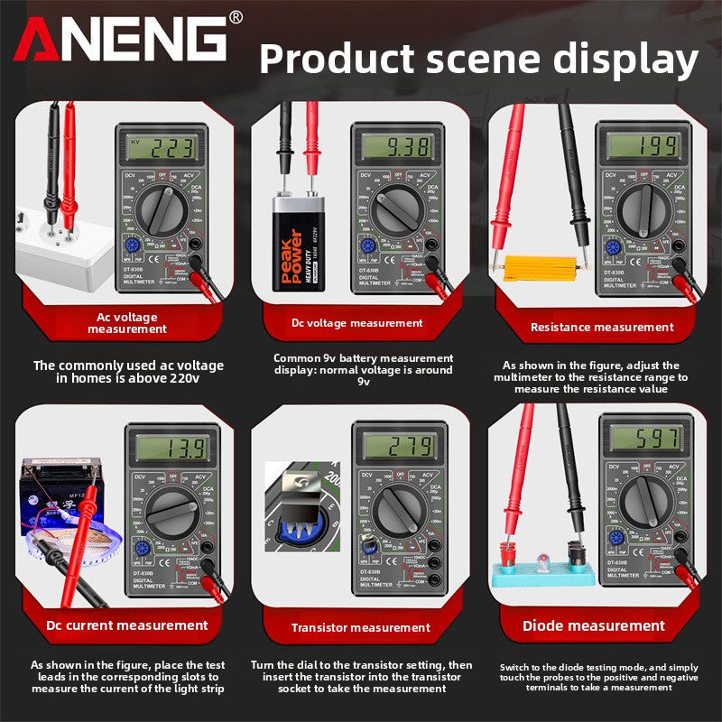 Grid of scenes showing the black DT-830B measuring voltage, current, resistance and diodes