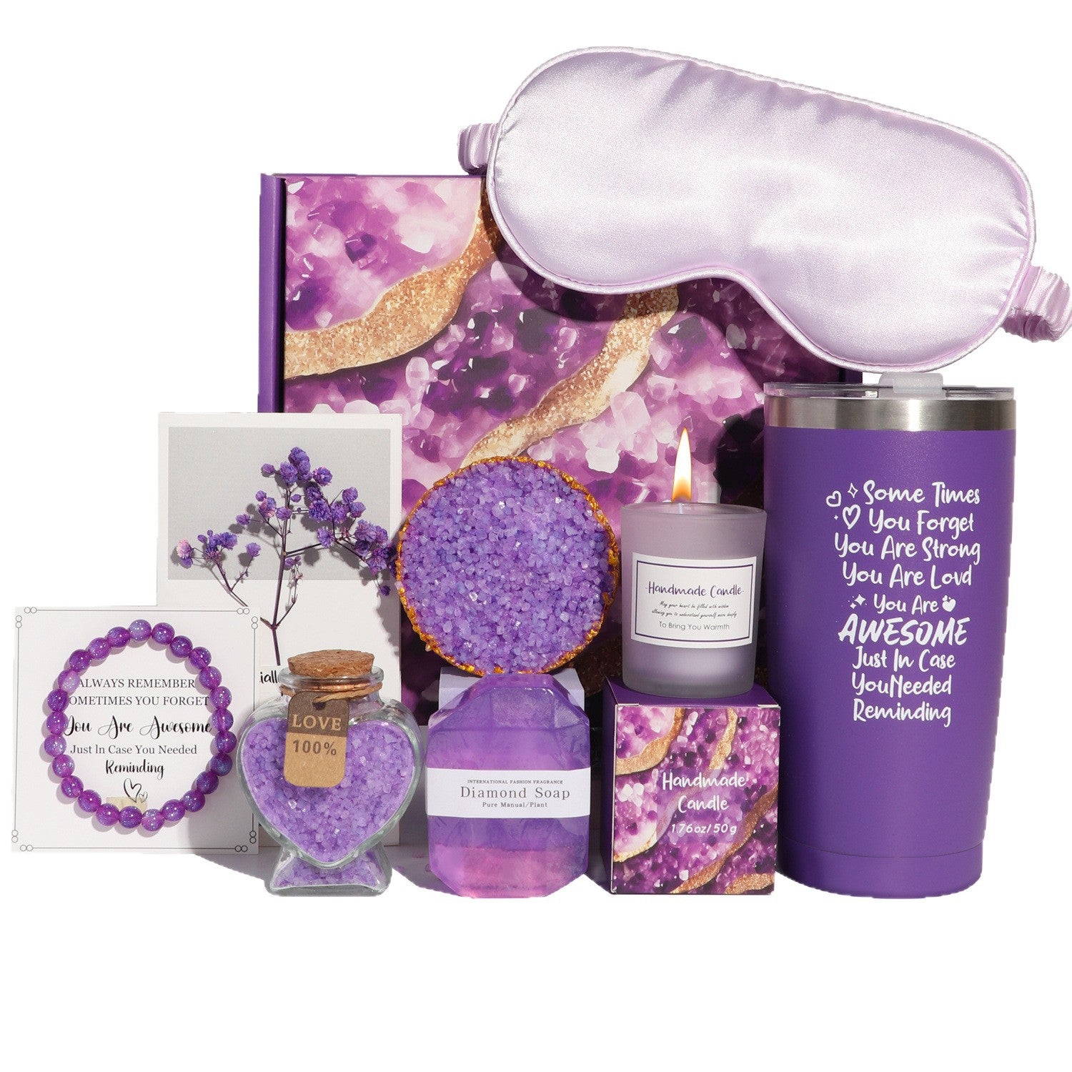 Themed bath and body gift box with a scented candle, handmade soap and an insulated tumbler