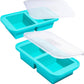 Flexible platinum silicone ice cube tray shown stacked in a freezer for frozen broth and baby food