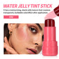 Shade 03 coral pink jelly blush stick beside a face with blush on the cheek and a tint on the lips