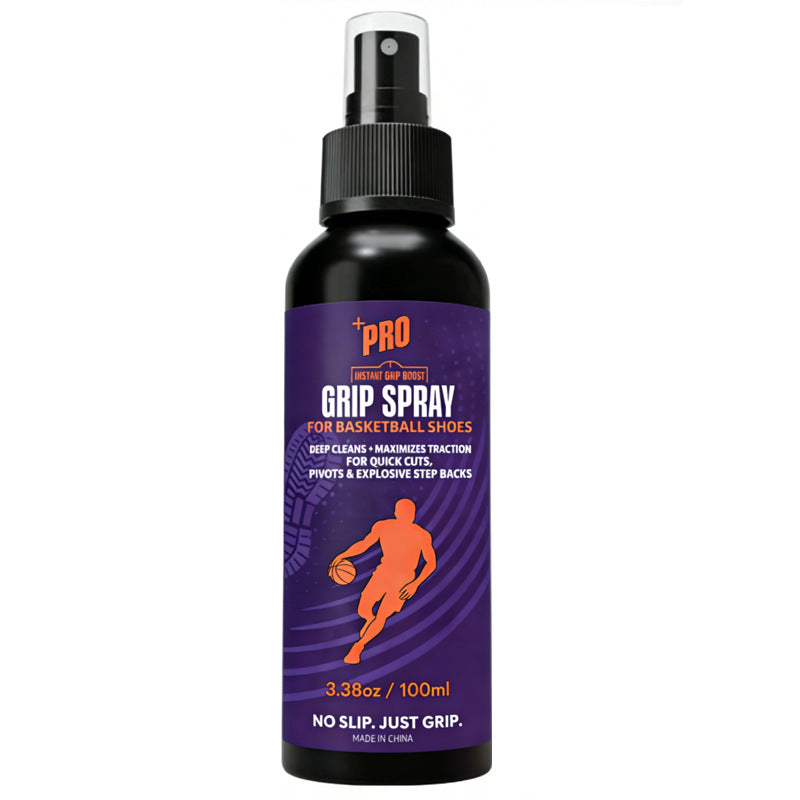 Black and purple 100 ml basketball shoe sole grip spray pump bottle on white