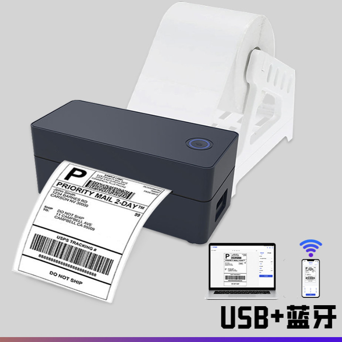 Compact thermal label printer shown as a studio product photo in black