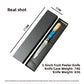 3.5in Damascus fruit knife with blue resin handle lying in its black gift box with size markings