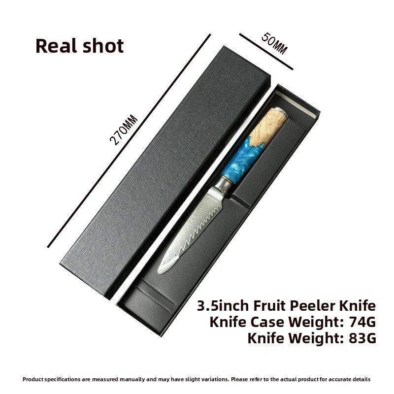 3.5in Damascus fruit knife with blue resin handle lying in its black gift box with size markings