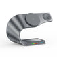 Dark gray C-shaped aluminum alloy 3-in-1 wireless charging stand with a phone pad, a watch pad and a rainbow light strip