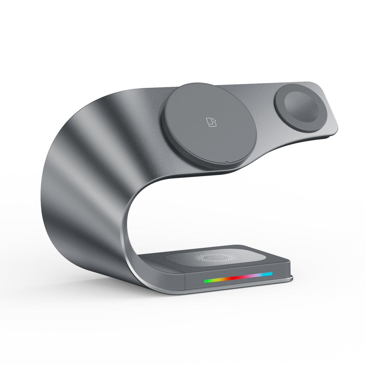 Dark gray C-shaped aluminum alloy 3-in-1 wireless charging stand with a phone pad, a watch pad and a rainbow light strip