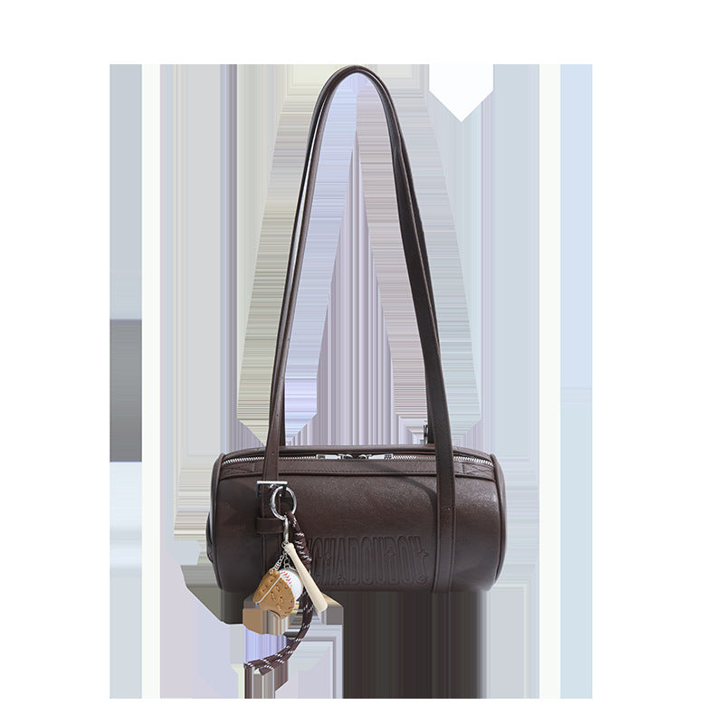 Dark coffee brown cylinder shoulder bag with two long straps and a baseball charm, option Coffee Brown