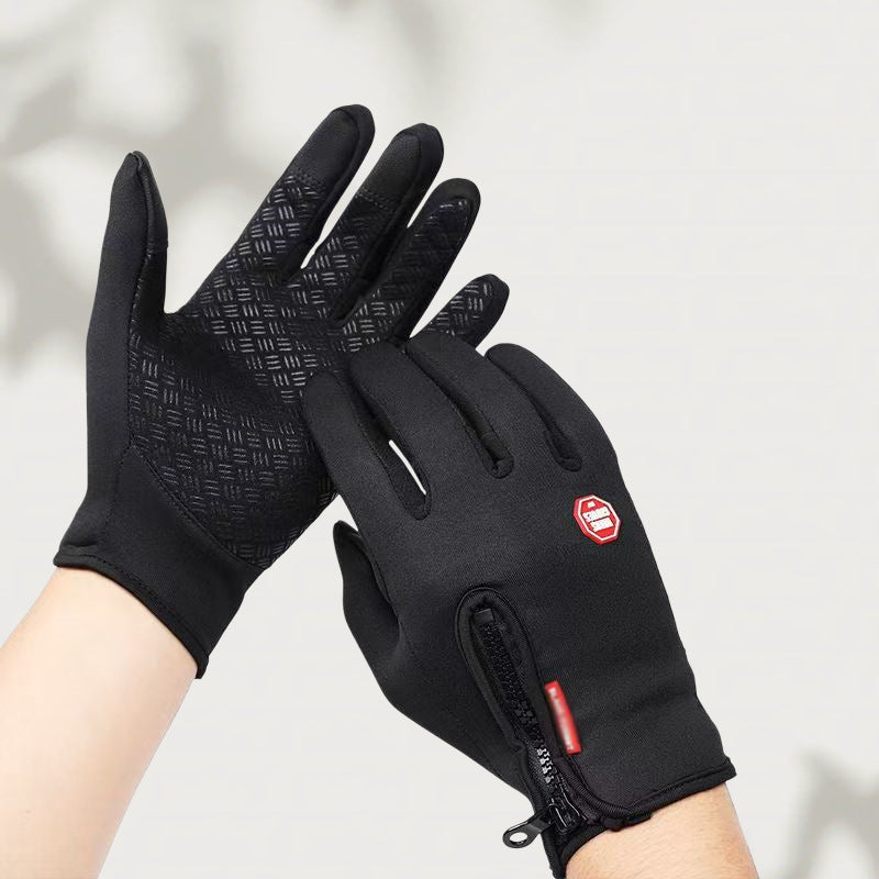 Black touchscreen gloves, black, with wrist zipper and silicone palm grip, one size fits all option