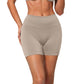 Light khaki high waisted seamless yoga shorts with a wide ribbed waistband, front view, size XL option