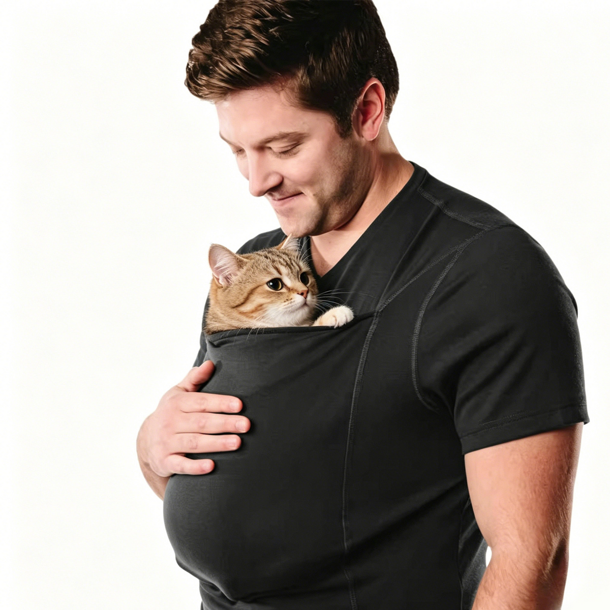 Black cotton pet pouch t-shirt worn by a man holding a cat against his chest