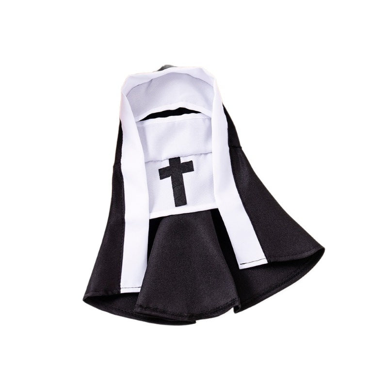Black and white pet nun costume with hood and black cross panel on a plain white background