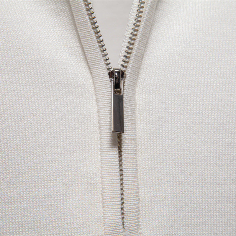 Men's knitted shirt side profile showing sleeve and knit drape