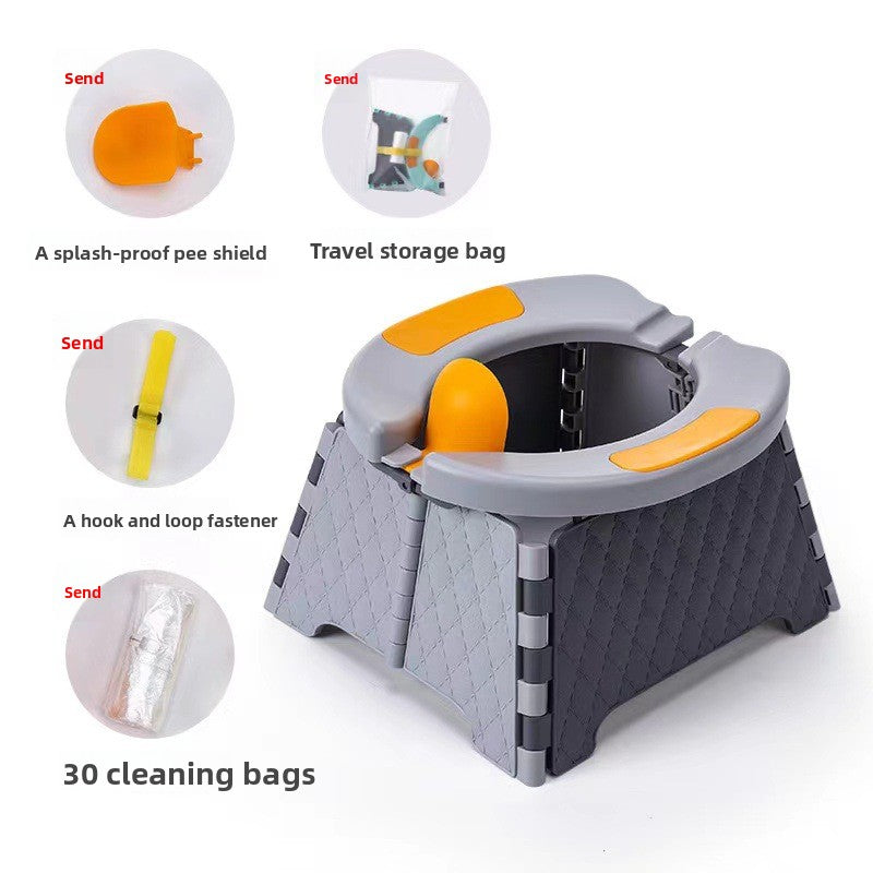 Gray folding kids travel potty with splash pee shield, hook and loop strap and liner bags