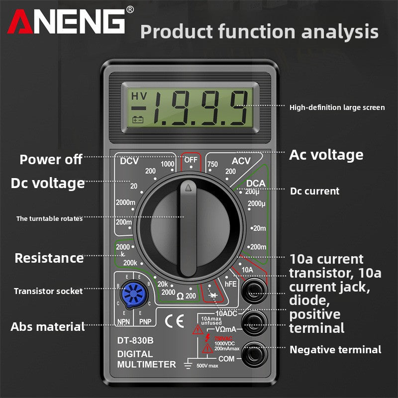 Labeled black ANENG DT-830B multimeter pointing out the rotary dial functions