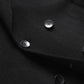 Close-up of the black wool coat showing the front edge and two dark four-hole buttons on the thick cloth
