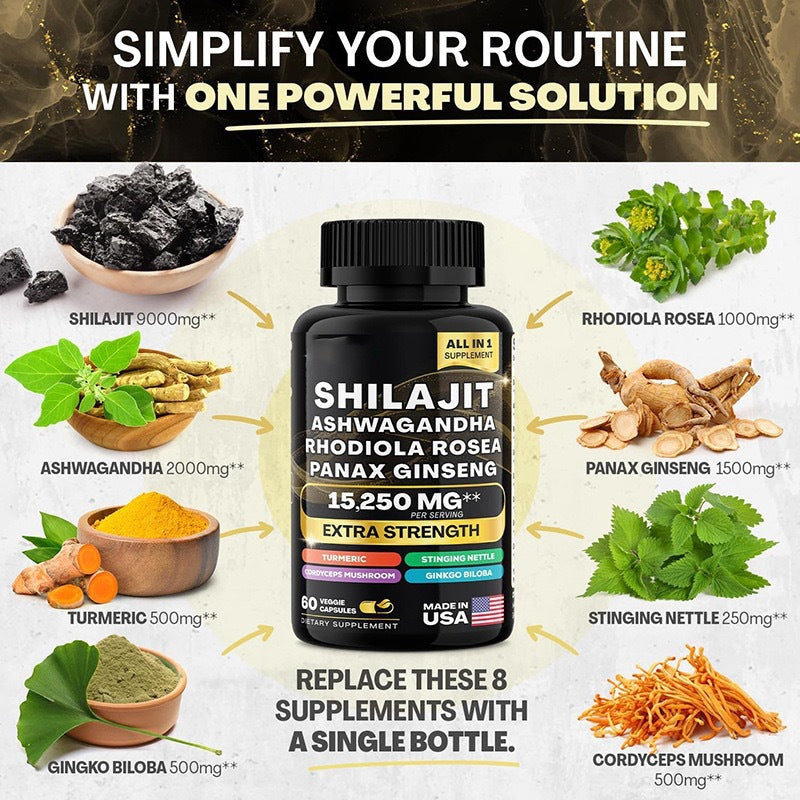 Sea moss and shilajit capsules bottle, side profile showing the label and cap