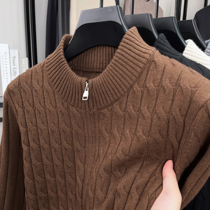 Mocha brown thick cable knit half zip sweater with a stand collar and neck zip