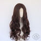 Dark brown long wavy lace front wig on a mannequin, front view of the Dark Brown color option