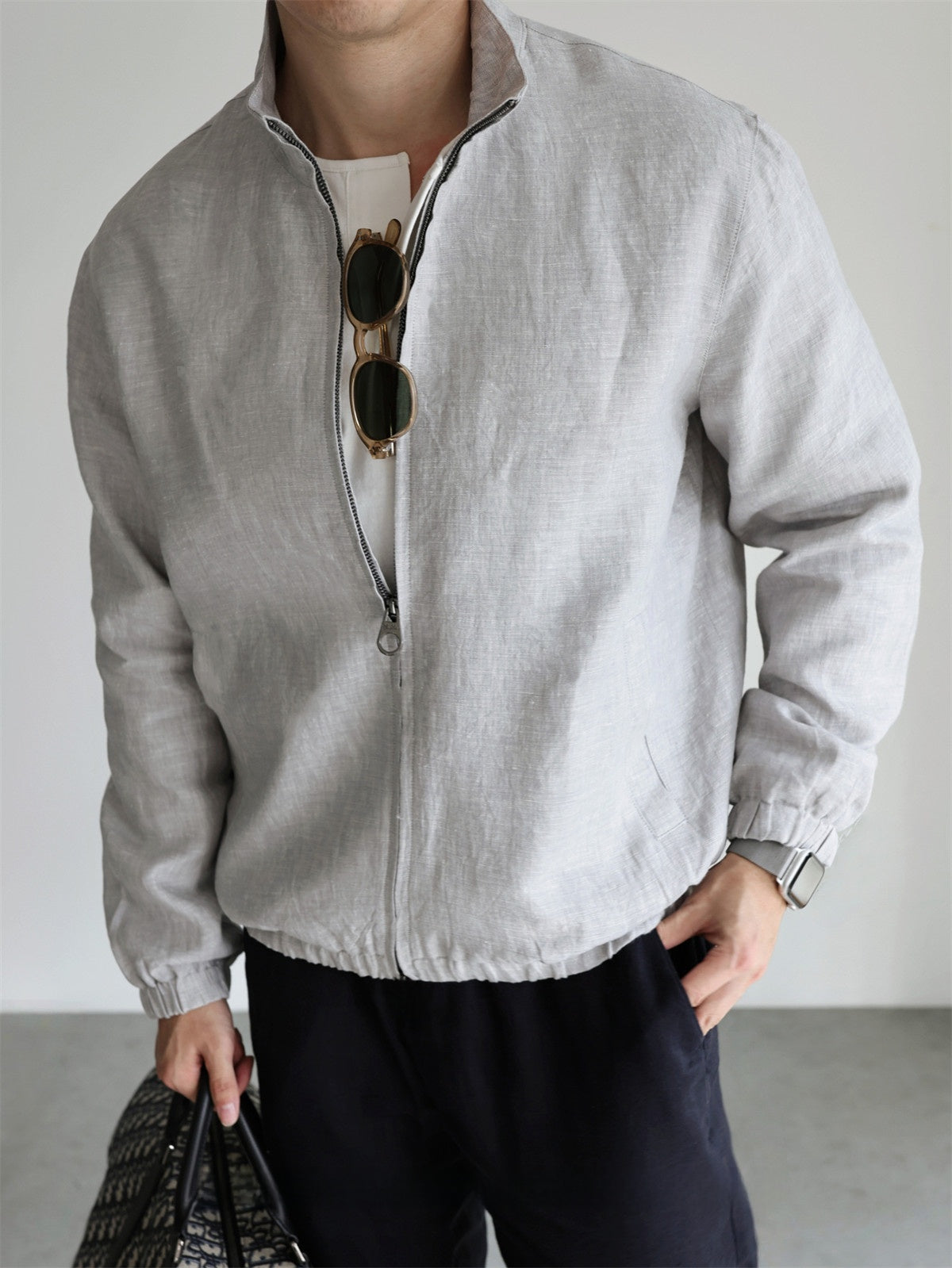 Men's linen stand collar jacket in Capri Blue, full front view with the zip closed
