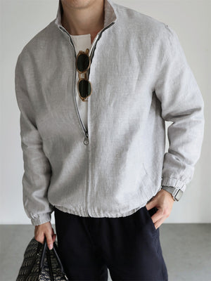 Men's linen stand collar jacket in Capri Blue, full front view with the zip closed