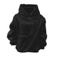 Black plush fleece hoodie with a diagonal pouch pocket and drawstring hood, option photo for size L
