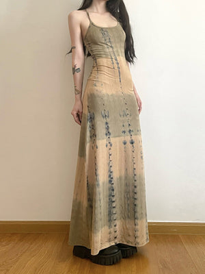 Front view of the khaki printed soft-drape women's casual dress