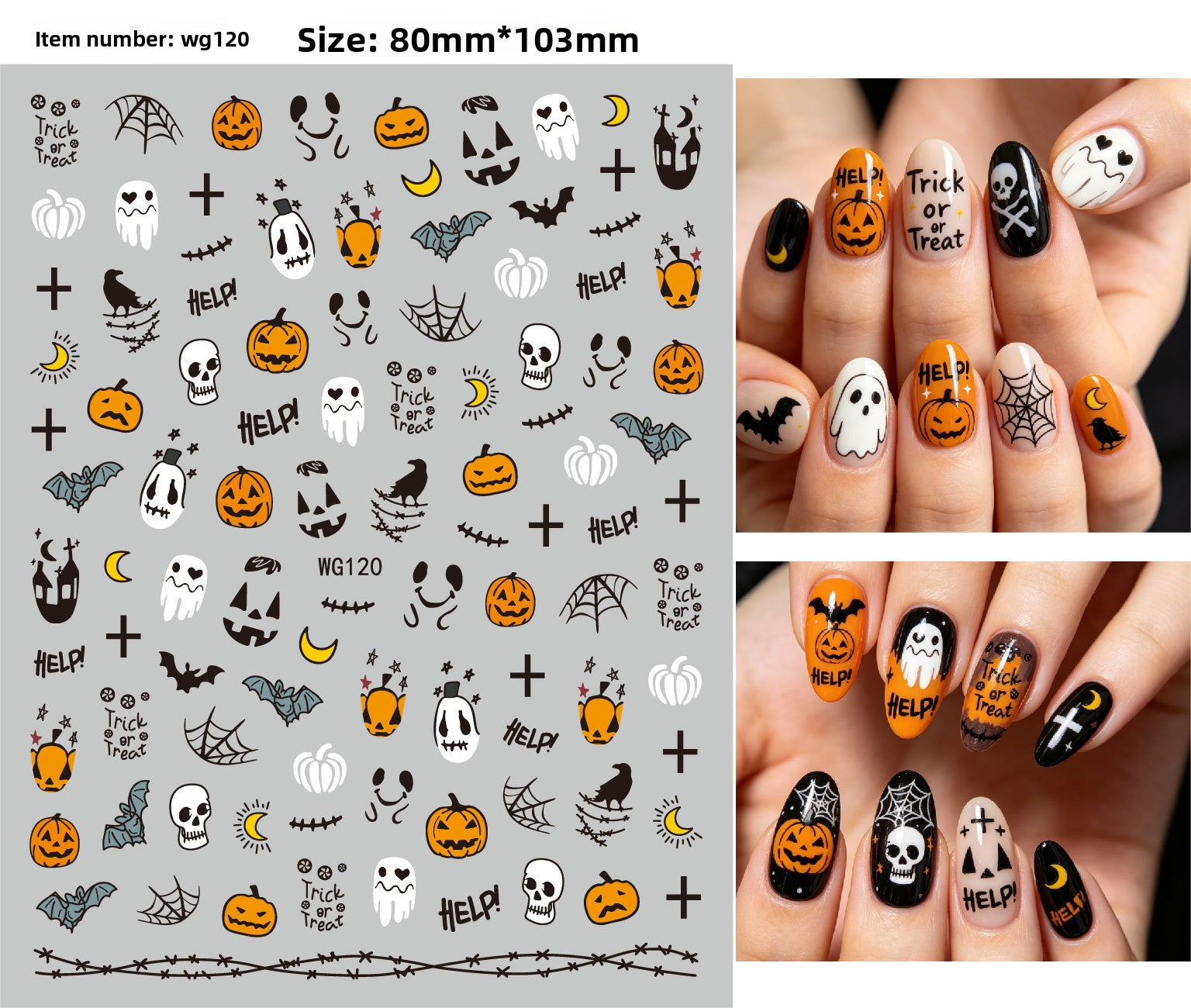 Self adhesive vinyl nail decals with grinning skull and pumpkin art