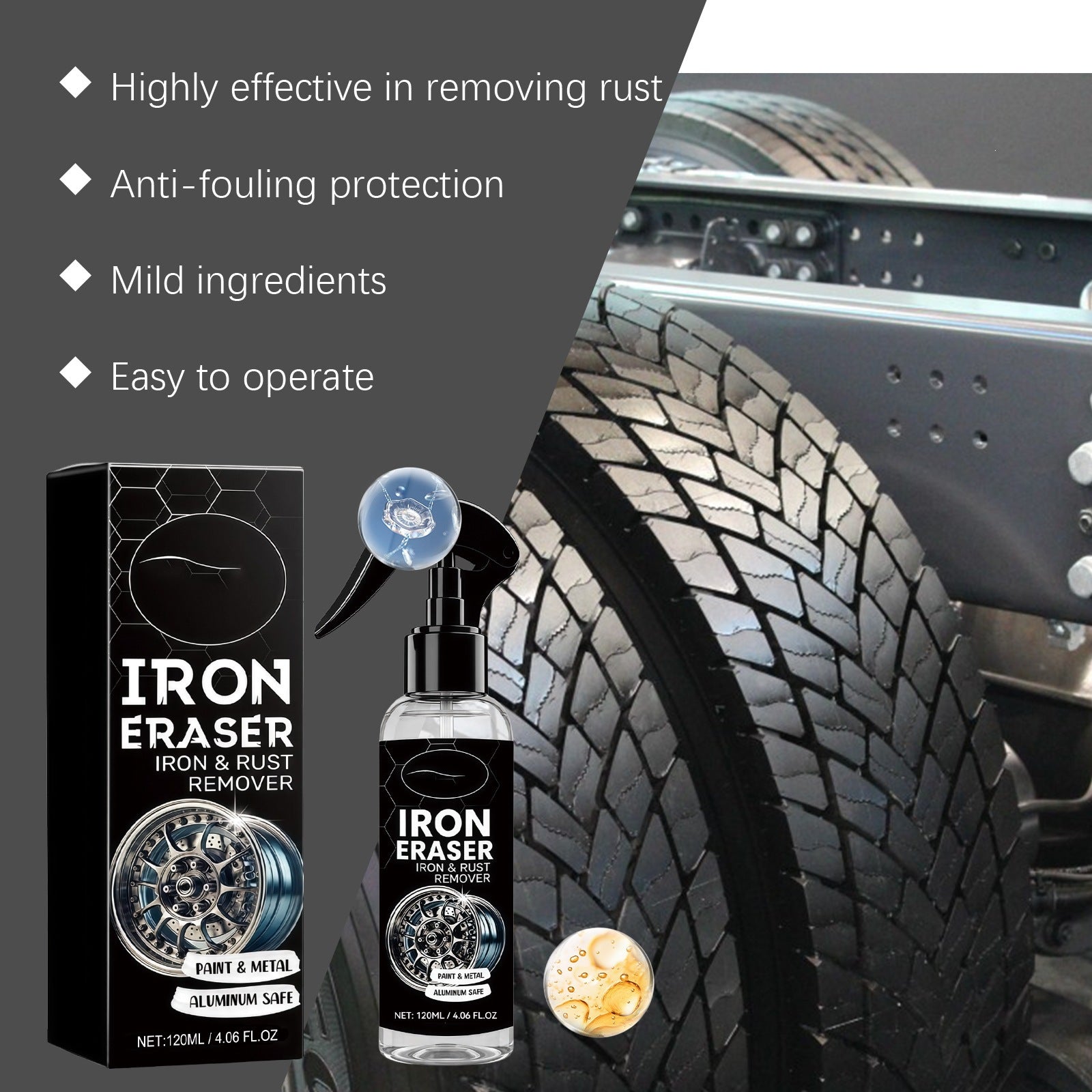 Maker panel beside a truck tyre, bottle and carton shown with four bullet claims listed