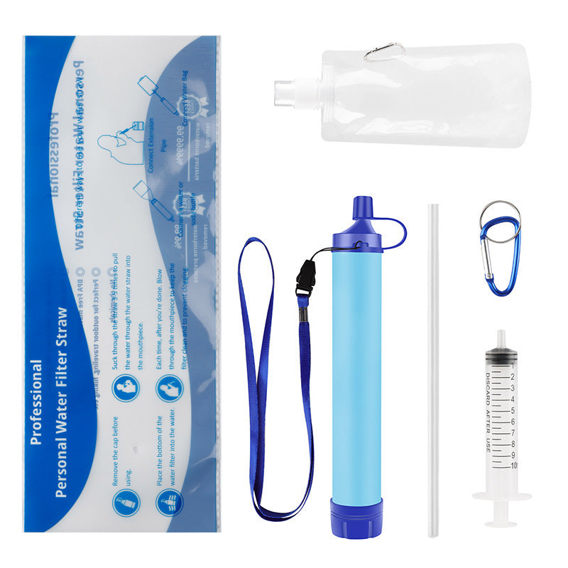Kit four laid out, straw, tube, carabiner, syringe and the collapsible water bag with its clip