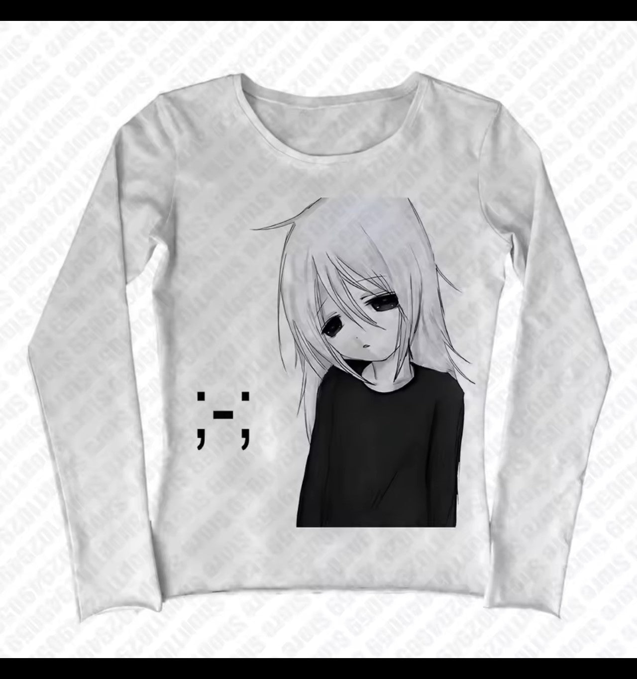 Y2K anime graphic long sleeve tee shown on a model with low rise denim