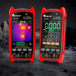 Red Tooltop ET14S thermal imaging multimeter shown twice, one screen in infrared camera mode and one in meter mode