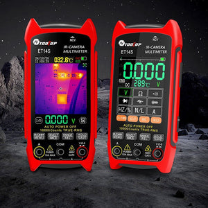 Red Tooltop ET14S thermal imaging multimeter shown twice, one screen in infrared camera mode and one in meter mode
