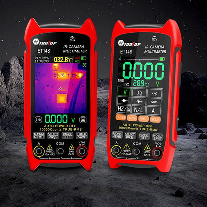 Red Tooltop ET14S thermal imaging multimeter shown twice, one screen in infrared camera mode and one in meter mode