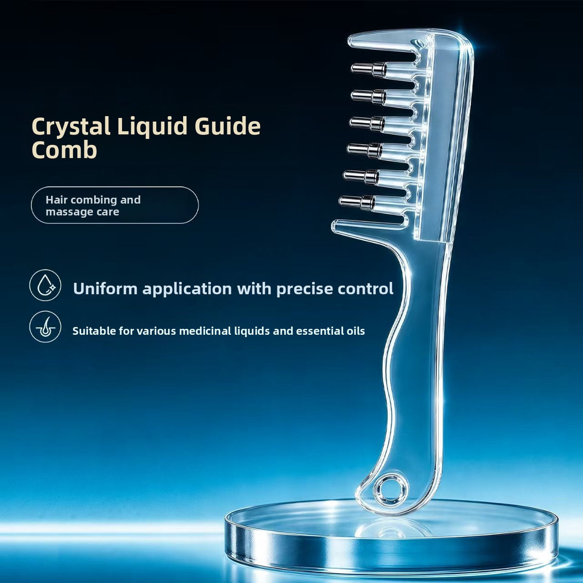 Clear scalp massage comb with hollow tubular teeth and rounded metal tips for hair care liquids