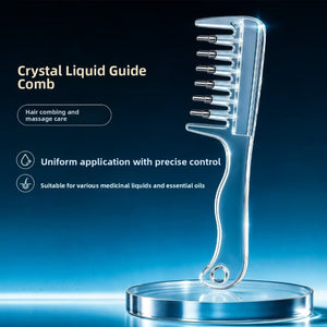 Clear scalp massage comb with hollow tubular teeth and rounded metal tips for hair care liquids