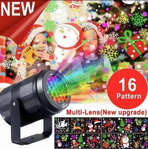 Black LED projector labeled 16 pattern multi-lens casting colorful Christmas and Halloween shapes