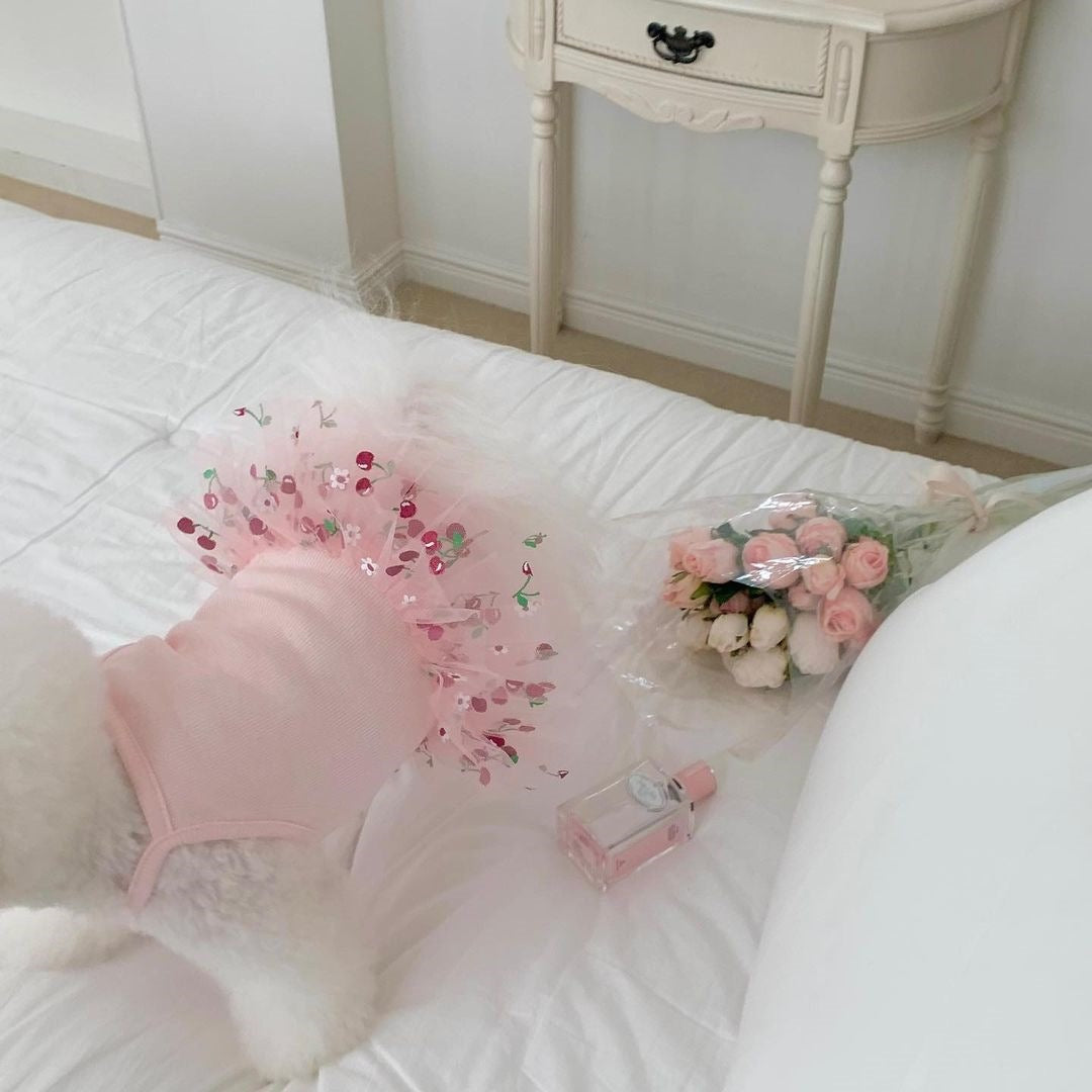 Small white dog wearing the pink cherry print tulle dog dress, seen from behind on a bed