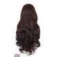 Back view of the dark brown long wavy wig on a white background, soft curls across the back